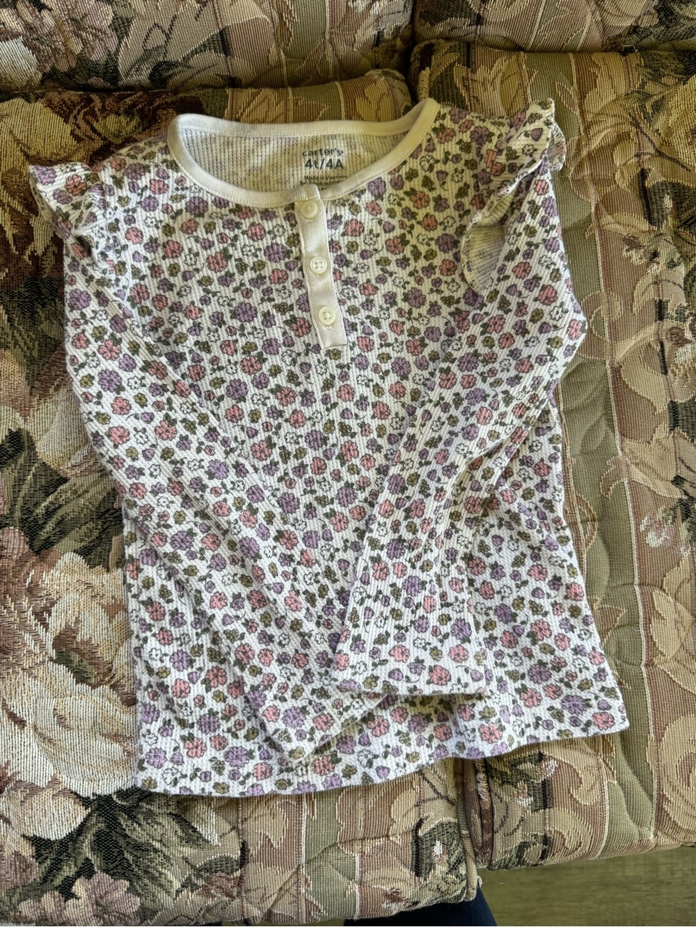 Carter's Cream Henley Top with Purple & Pink Floral Ruffle Shoulders